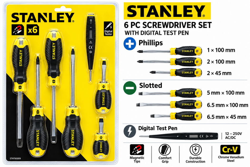 STANLEY 6 Piece Screwdriver Set w/ Free Digital Test Pen